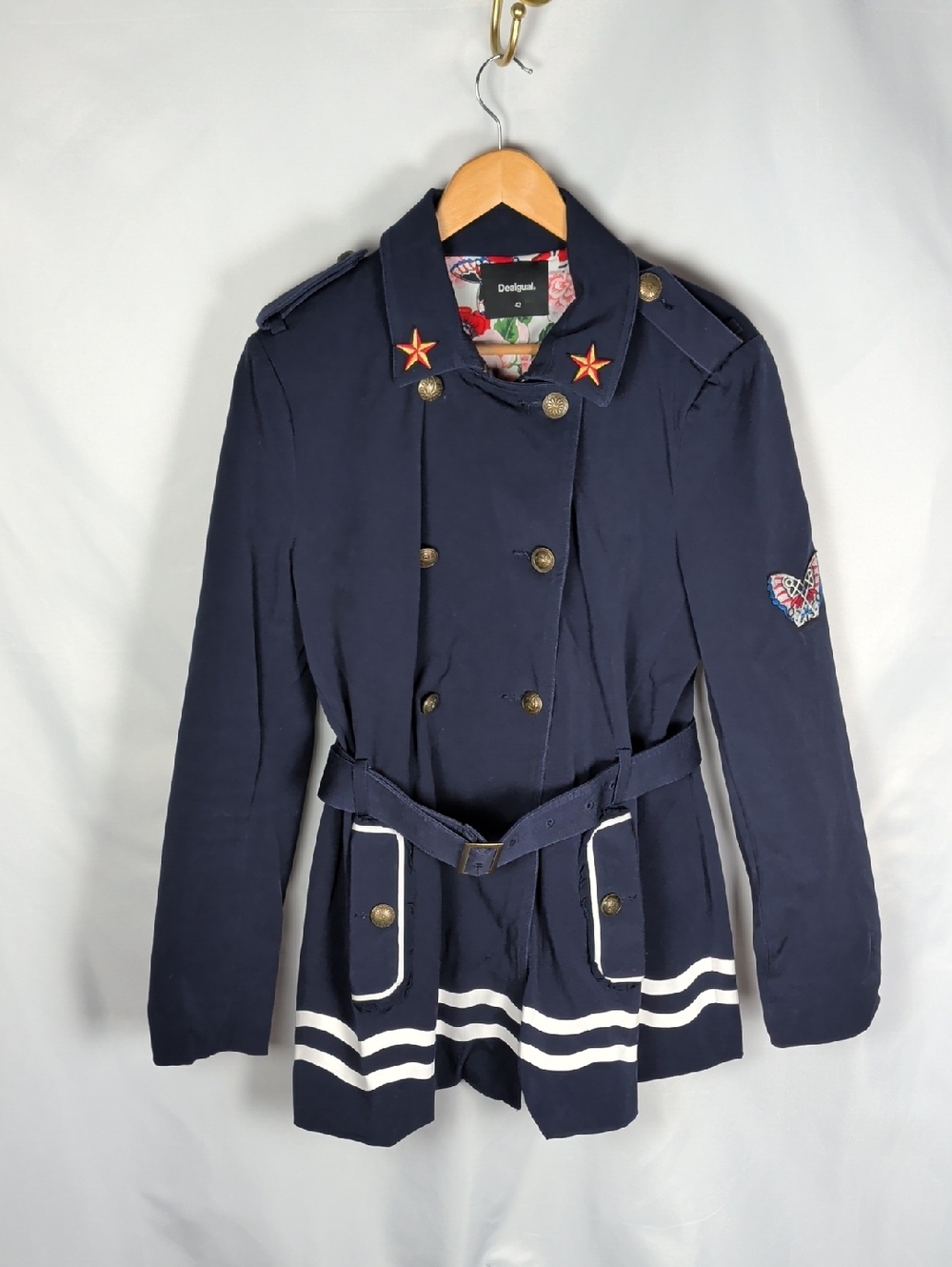 Desigual Women's Morgane Sailor Striped Military Trench Coat (Size 42 / L)